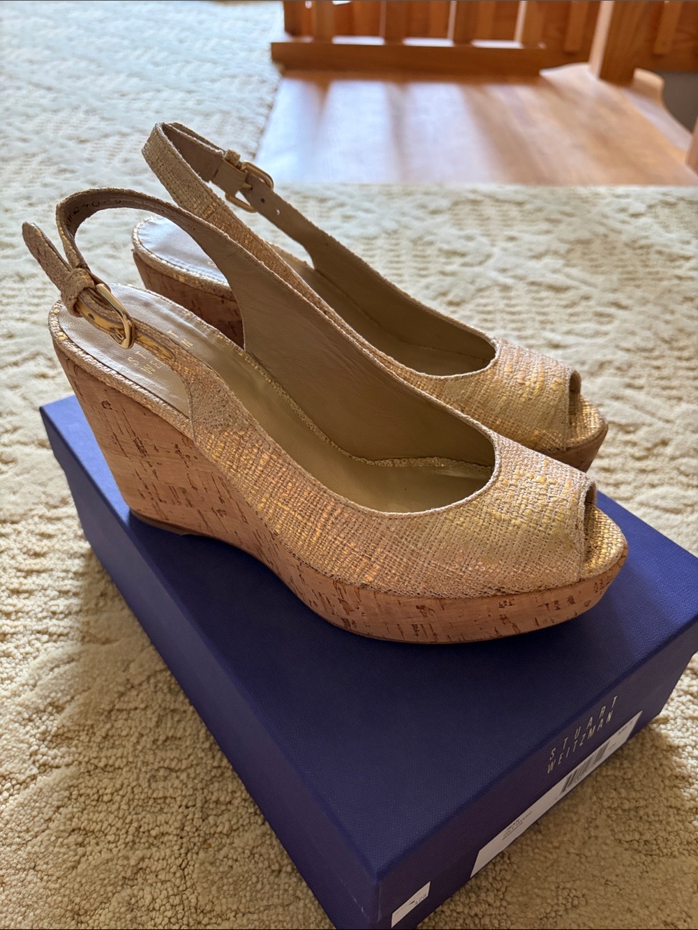 Stuart Weitzman Gold Cork Wedge Slingback Peep-Toe Sandals